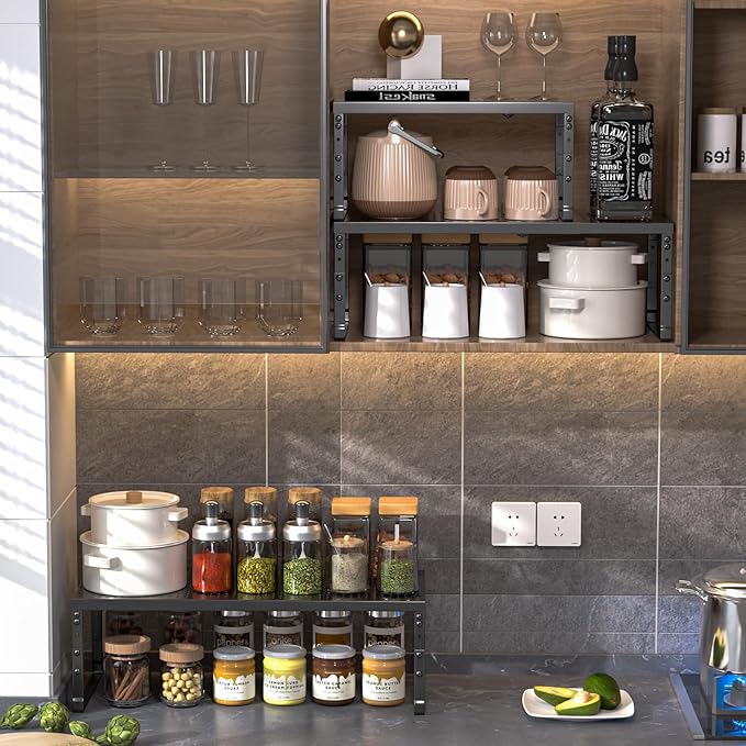 Cabinet Shelf,Expandable Adjustable Stackable Kitchen Organizer,for cabinets, Kitchens, countertops, bathrooms Shelf Organizer(1Pack/Black,Medium)