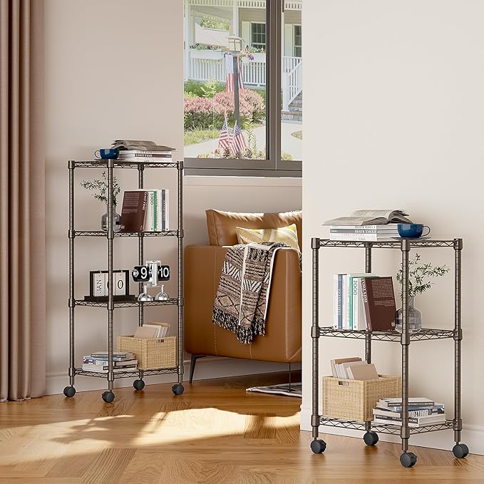 1000 lbs 4-Shelf Adjustable Heavy Duty Steel Wire Rack, Adjustable Storage Shelving Unit with Wheel for Kitchen, Garage, Laundry Brown 11.8" D x 17.7" W x 40.8" H