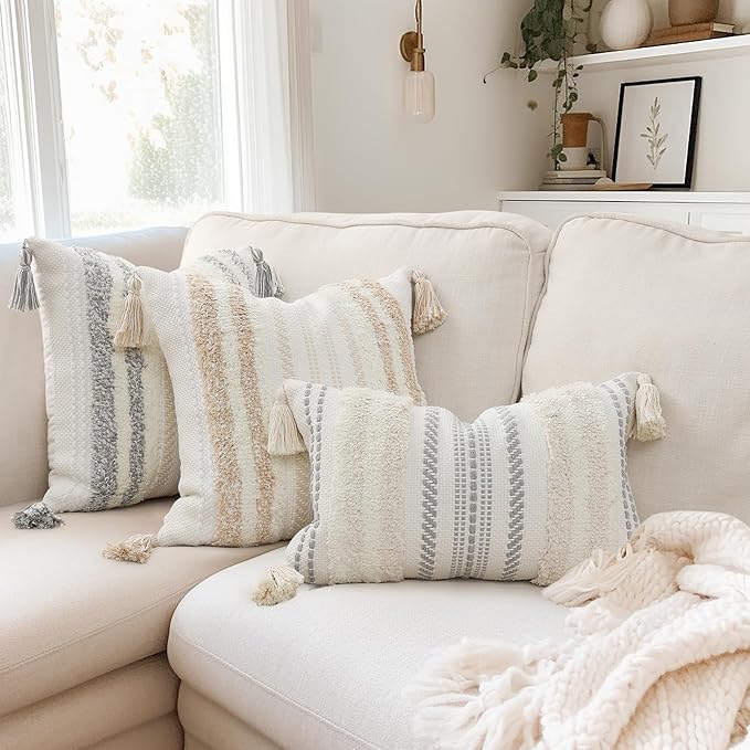 decorUhome Decorative Boho Throw Pillow Cover 12x20, Lumbar Accent Neutral Textured Tufted Pillow Cover Striped for Couch Bed Sofa, Grey and Cream White, Pack of 1