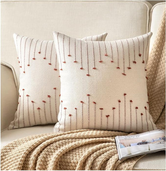 Caflife Boho Throw Pillow Covers 18x18 Set of 2 Decorative Pillows for Bed, Neutral Pillow Covers Beige with Rust Line Throw Pillows for Modern Farmhouse Couch Sofa Living Room Outdoor