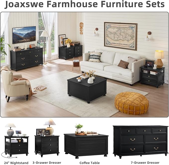 Farmhouse 7 Drawers Dresser for Bedroom, Black 54 Inch Wide Chest of Drawers w/ 4 Wooden Legs, Large Vintage Rustic Closet Dressers for Living Room, Wood TV Stand with Storage Organizer