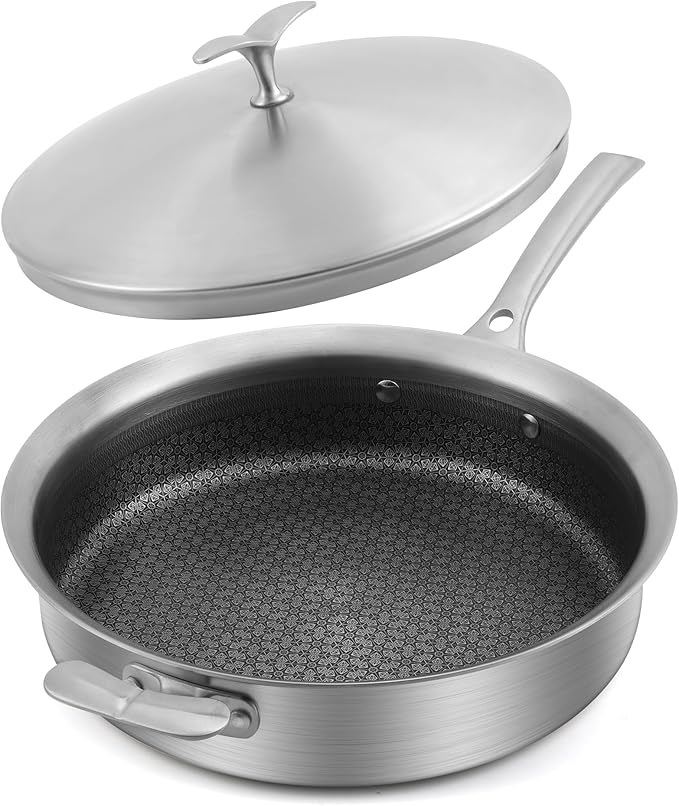 12 Inch Frying Pan with Lid Saute Pan 5.2 QT Deep skillet for Stir-Fry & Searing, Tri-ply Stainless Steel Nonstick Non Toxic Non Toxic, PTFE&PFOA Free, Induction, Oven & Dishwasher Safe