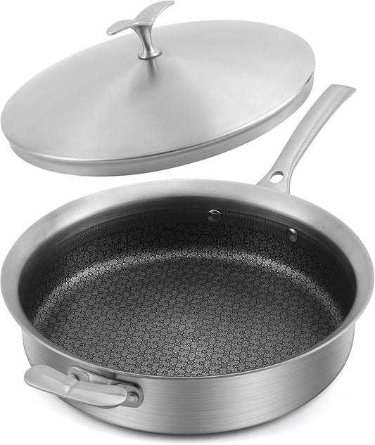 12 Inch Frying Pan with Lid Saute Pan 5.2 QT Deep skillet for Stir-Fry & Searing, Tri-ply Stainless Steel Nonstick Non Toxic Non Toxic, PTFE&PFOA Free, Induction, Oven & Dishwasher Safe