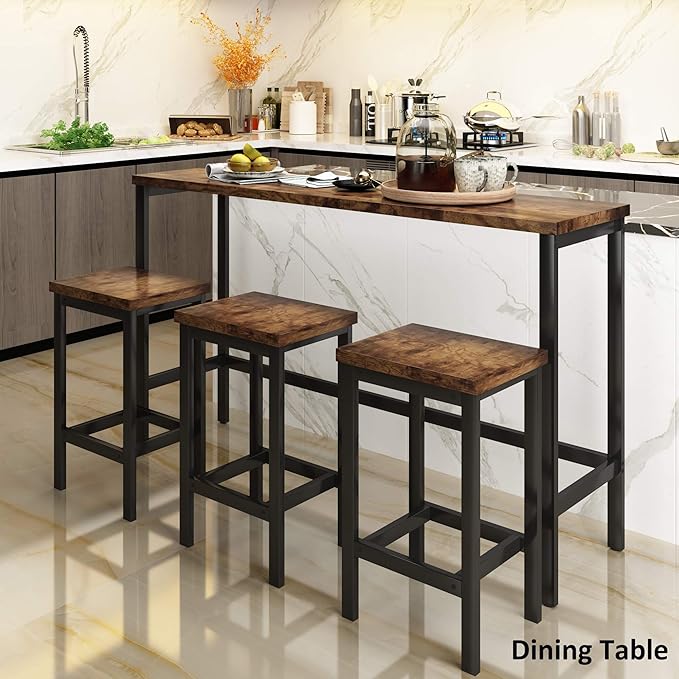 Harper & Bright Designs 4-Piece Dining Table Set, 60.2" L Solid Wood Dining Table with 3 Stools and Metal Frame for Kitchen Dining Room, Antique Brown + Black