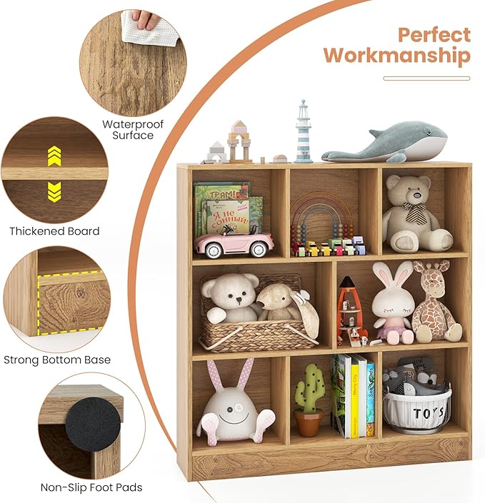 Costzon Wooden Toy Storage Organizer, 8-Cube Kids Bookshelf w/ 2 Anti-Toppling Kits, 3 Tier Open Shelves & Non-Slip Foot Pads, Book Shelf for Kids Rooms, Playroom, Classroom, Nursery (Natural)