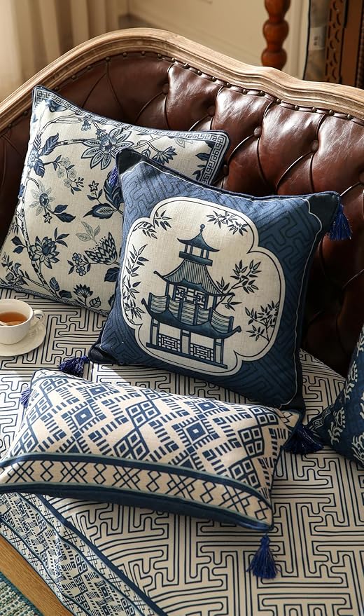 Porcelain Throw Pillow Covers Set of 4,Classic Chinoiserie Blue and White with Floral and Birds Pattern Linen Throw Pillowcases,Decorative Lumbar Square Cushion Covers for Couch Bed Car