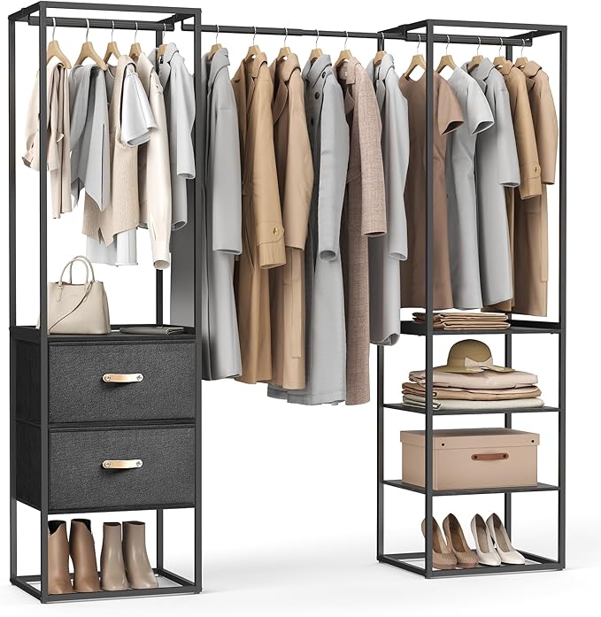 SONGMICS Clothes Rack, 70.9 Inch Wardrobe Freestanding Closet, Heavy Duty Garment Rack with 1 Extendable Hanging Rod, 2 Drawers and 4 Shelves, for Bedroom, Space-Saving, Ebony Black URGR003B56