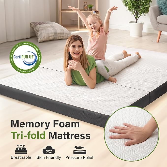 Folding Mattress 4in Single Memory Foam Tri-Folding Mattress with Washable Cover Foldable Floor Mat for Guest Bed, Camping, Yoga, RV Travel, White, (Size: 25" L x 75" W x 4" Th)