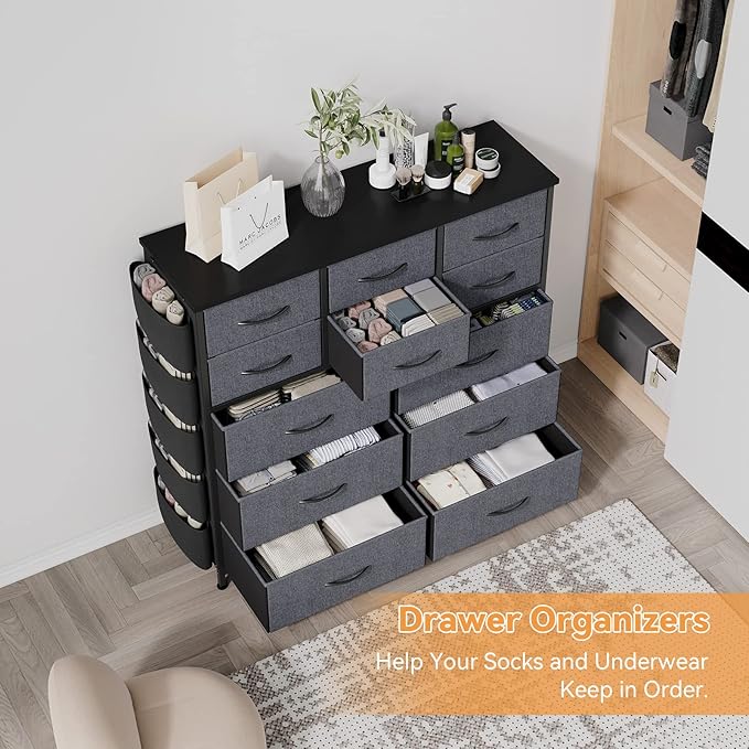 Dresser for Bedroom with 12 Drawers, Tall Dresser Chest of Drawers with 5 Side Pockets and Hooks, Wooden Top Fabric Dresser Storage Tower for Closet, Hallway, Living Room, Dark Grey