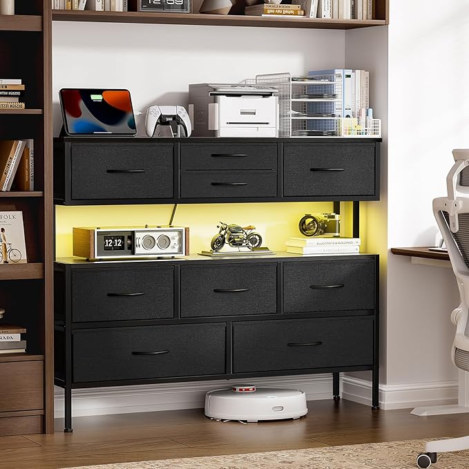 REAHOME Dresser TV Stand with Charging Station and LED Lights, 55” TV Stand Entertainment Center with 9 Drawers, Steel Frame, Large Storage Chest of Drawers for Bedroom, Living Room, Black Gray