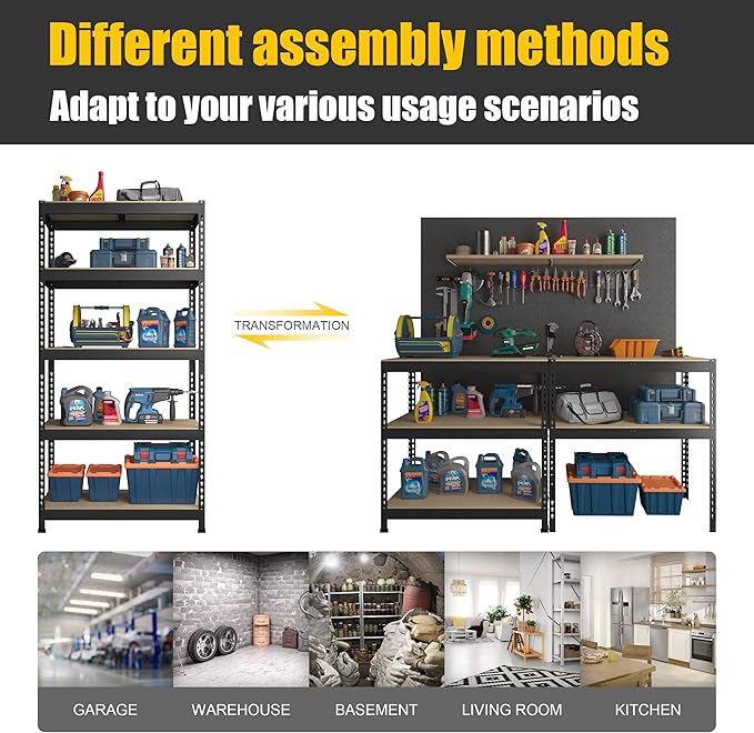 PrimeZone Storage Shelves 4 Packs 5 Tier Adjustable Garage Storage Shelving, Heavy Duty Metal Storage Utility Rack Shelf Unit for Warehouse Pantry Closet Kitchen, 35.5" x 15.75" x 71", Black