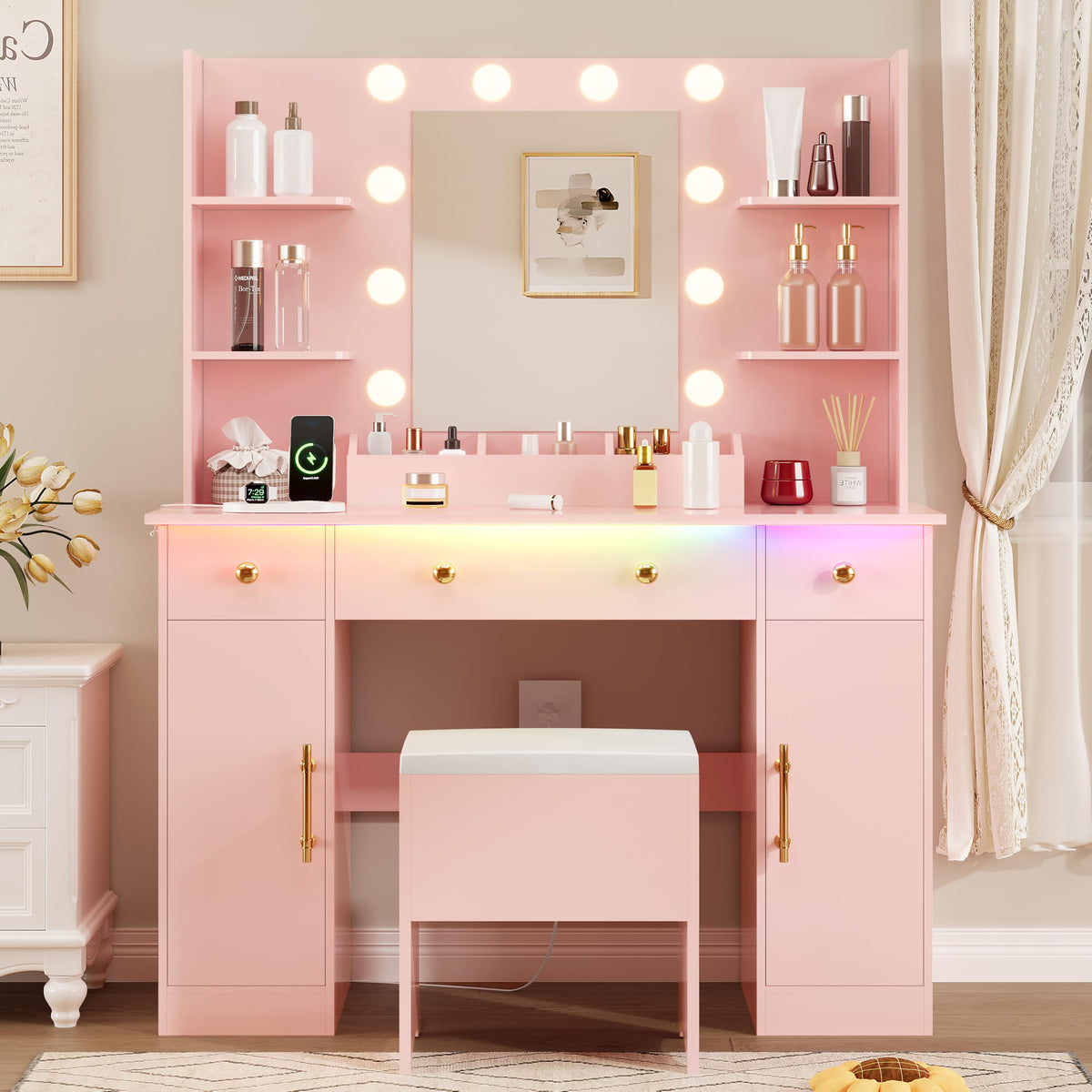 HUANLEGO Vanity Desk with Mirror and Lights,Pink Makeup Vanity with Charging Station & Vanity Stool, 3 Drawers and Cabinets White Vanity Mirror with RGB LED Lights Vanity Desk and Chair for Women