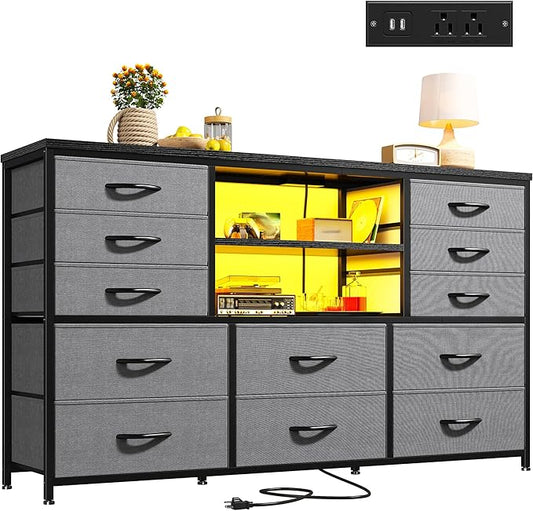 Dresser for Bedroom with LED Lights & Power Outlets 12 Drawers Dresser TV Stand for 60''TV Fabric Dressers & Chest of Drawers, Sturdy Metal Frame, Closet, Living Room, Grey, 49.2''W*11.8''D*35.4''H