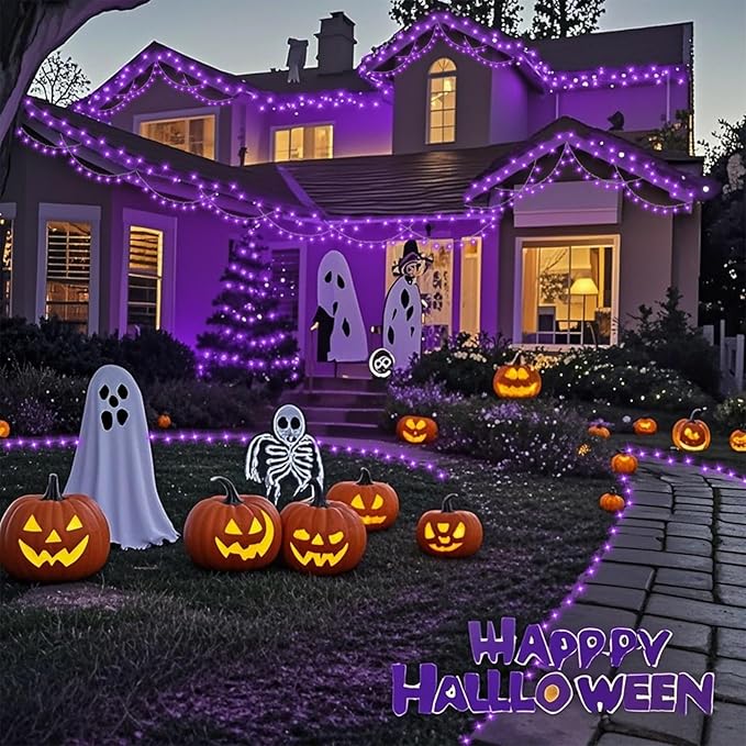 QITONG 165ft 500 LED Purple Halloween Lights Outdoor, Clear Wire String Lights Plug-in, 8 Modes Christmas Lights Indoor