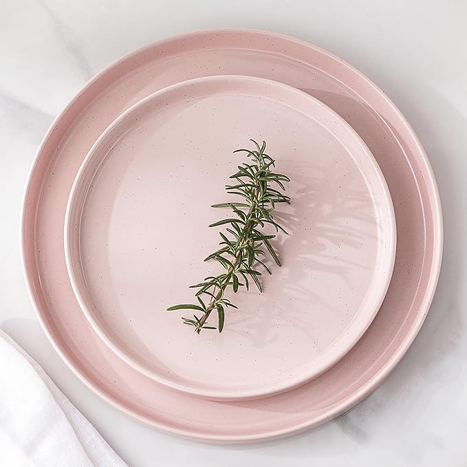 GBHOME Dinnerware Set for 4, 12 Piece Speckled Plates and Bowls Set with Glazed Bottom, Chip & Scratch Resistant Stoneware Plates Sets, Dishwasher & Microwave Safe Dishes (Pink, Service for 4)