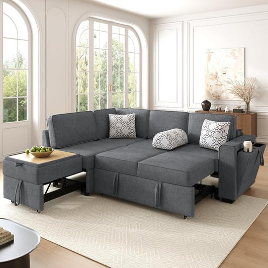 Ball & Cast Convertible Sleeper Sofa Bed,Chenille L Shaped Pull Out Couch Bed with Flip-Top Table, USB Ports & Hidden Cup Holders, Corner Sectional Sofa Couches for Living Room,Dark Grey