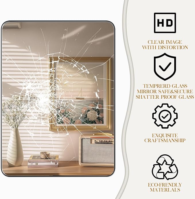 32×36 Black Bathroom Mirror, Rectangular Bathroom Vanity Mirror for Wall with Rounded Corners & Aluminum Alloy Frame, Tempered-Glass, Modern, Farmhouse, Horizontal/Vertical, Entryway, Bedroom