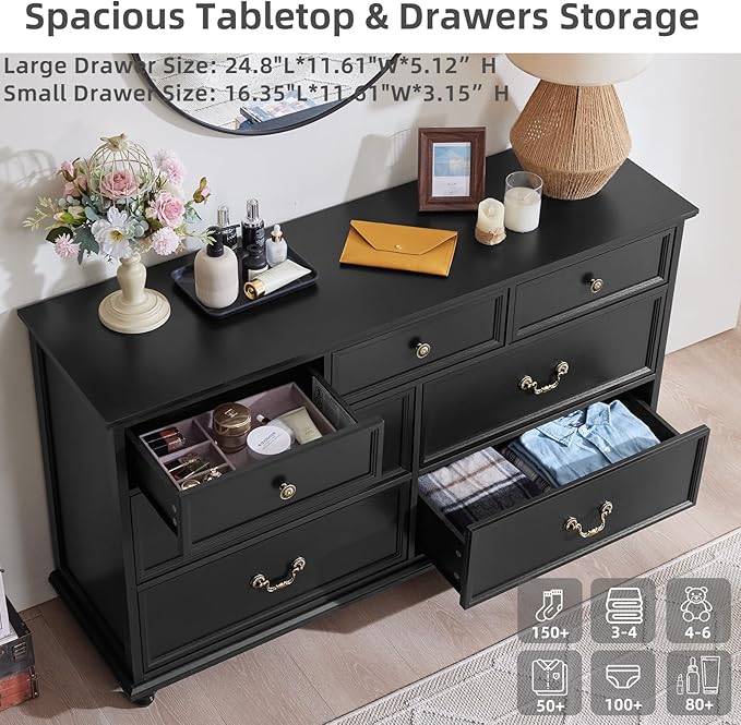 Farmhouse 7 Drawers Dresser for Bedroom, Black 54 Inch Wide Chest of Drawers w/ 4 Wooden Legs, Large Vintage Rustic Closet Dressers for Living Room, Wood TV Stand with Storage Organizer