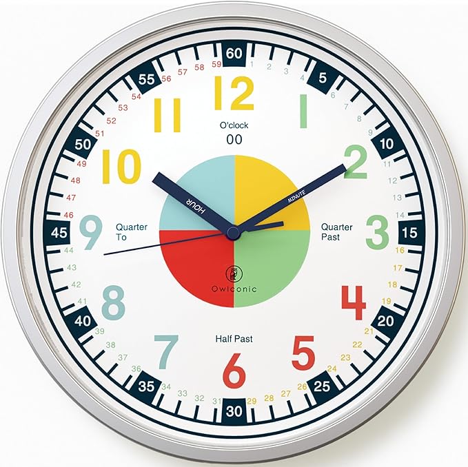 OWLCONIC Non Ticking Analog Clock for Kids Learning to Tell Time, Teaching Clock for Kids Wall, Clocks for Classroom, Homeschool Decor, Bedrooms, Silent, Homeschooling Resource.