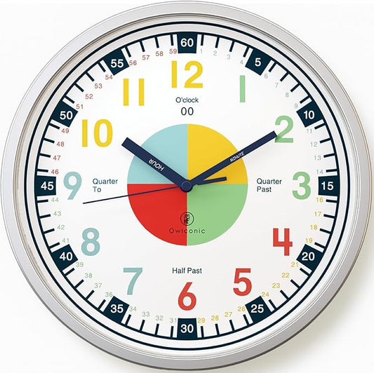 OWLCONIC Non Ticking Analog Clock for Kids Learning to Tell Time, Teaching Clock for Kids Wall, Clocks for Classroom, Homeschool Decor, Bedrooms, Silent, Homeschooling Resource.