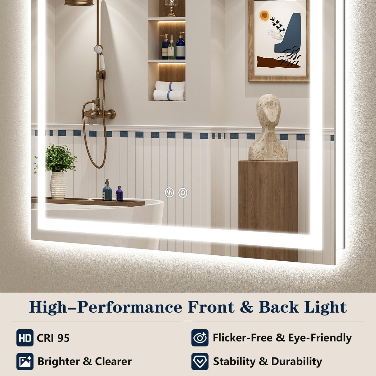 VEEYLOS 48x32 Inch LED Bathroom Mirror with Lights, Backlit & Front Lit