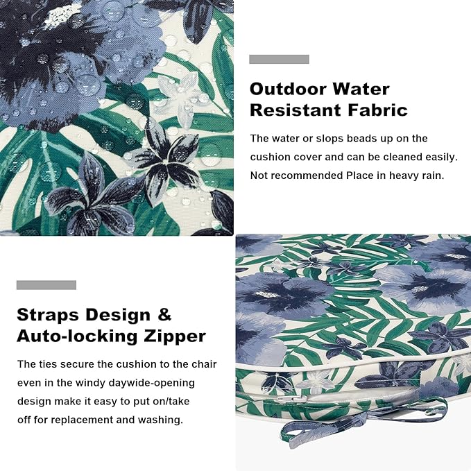 Set of 4 Outdoor Chair Cushions 19"x19"x2",Water Repellent Dining Seat Cushion with Ties and Removable Covers, Chair Cushions for Indoor and Patio Furniture, Blue Salmone Tropical