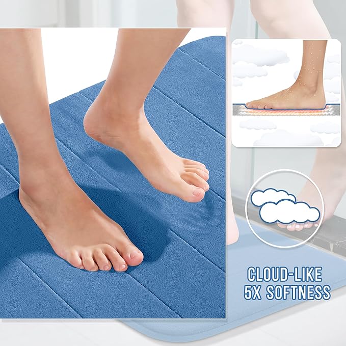 Yimobra Memory Foam Bath Mat, Super Soft Absorbent Bathroom Rug Non Slip 24x17 Inch, Quick Dry, Machine Washable Floor Carpet for Tub Shower, Home Decor Accessories, Blue