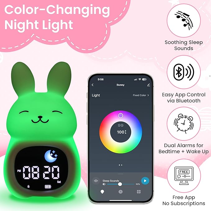 Bumble & Bright Go & Glow Bunny App Control Kids Alarm Clock – Digital Sleep Trainer with USB-C Corded, 8 Night Light Colors, 6 Soothing Sounds, 12/24H Routine Trainer, Gift for Boys & Girls