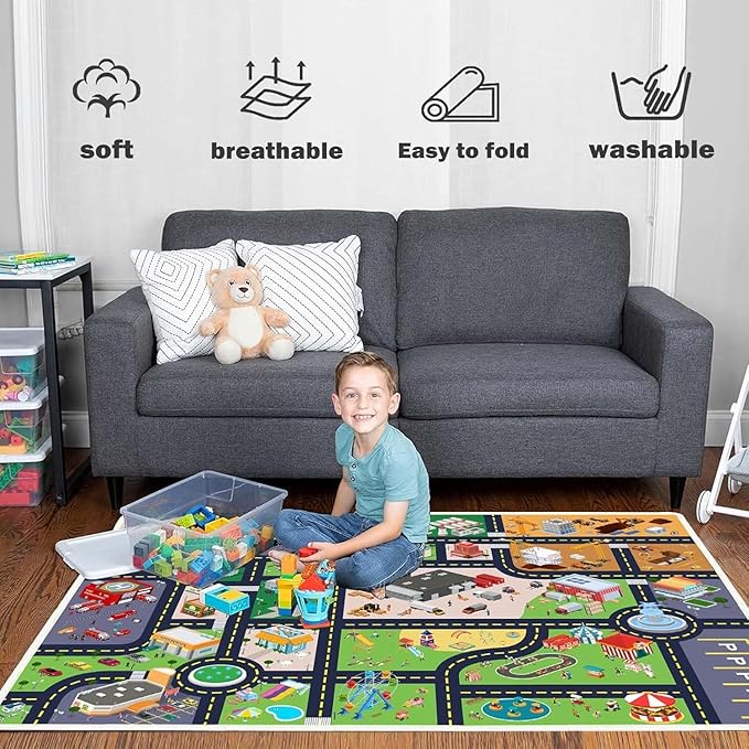 Kids Rug Playroom Car Rug Play Mat City Life Road Rug for Cars Fun City Map for Track Toys,Carpet for Bedroom Boys (city01, 5.2×7.9ft/63×94in)