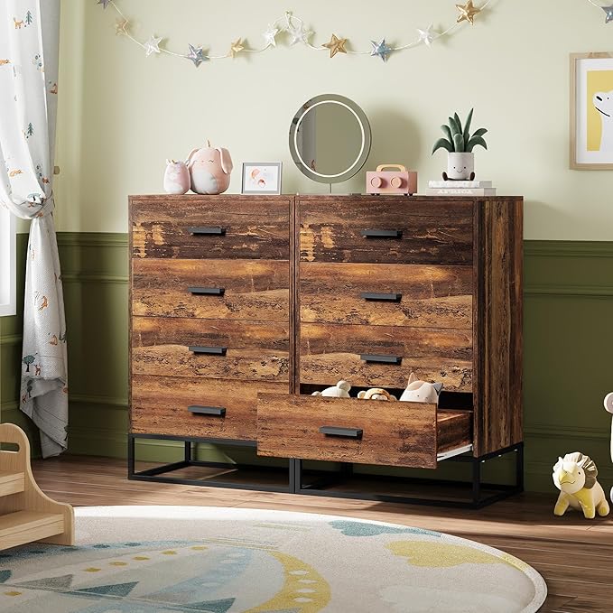 WLIVE Wood Dresser for Bedroom with 4 Drawers, Tall Dresser with Sturdy Metal Frame, Wooden Chest of Drawers for Hallway, Living Room, Closet, Brown Oak