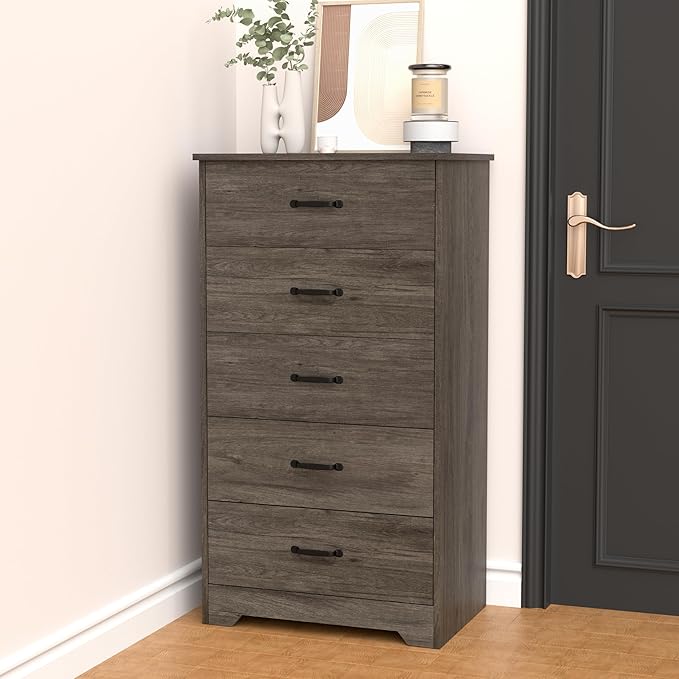 Farmhouse 5 Drawer Dresser, Small Wooden Chest of Drawers Classic White Dresser for Bedroom Living Room Entryway (Dark Gray, 5 Drawer)