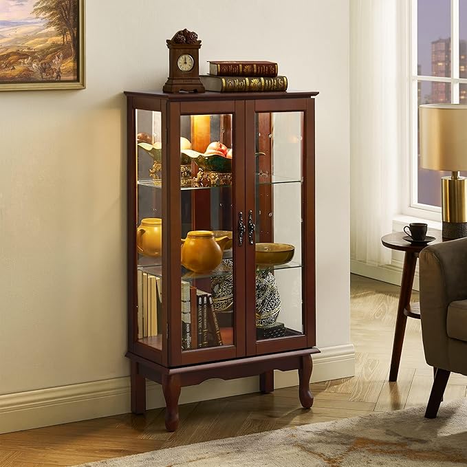 Goujxcy Lighted Curio Cabinet, Modern Floor Standing Glass Curio Cabinet Display Case Cabinet with Adjustable Shelves, Mirrored Back Panel and Tempered Glass Doors for Home/Office (Walnut)
