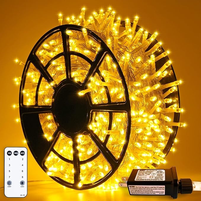 JMEXSUSS 163ft 500 LED Warm White Christmas Lights Outdoor, Plug-in Outdoor String Lights for Classroom, Clear Wire 8 Modes Remote Control Christmas Tree Lights for Christmas Bedroom Tree Classroom