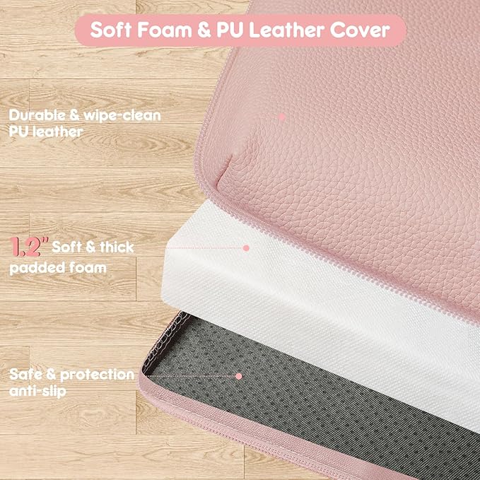 Padded Baby Play Mat, Super Soft Vegan Leather Floor Mat for Baby Girls and Boys, 48x48 Non-Slip Thick Foam Cushioned Play Mat for Babies 6-12 Months, Fits Nicely Into 50x50 Playpen Mat, Pink