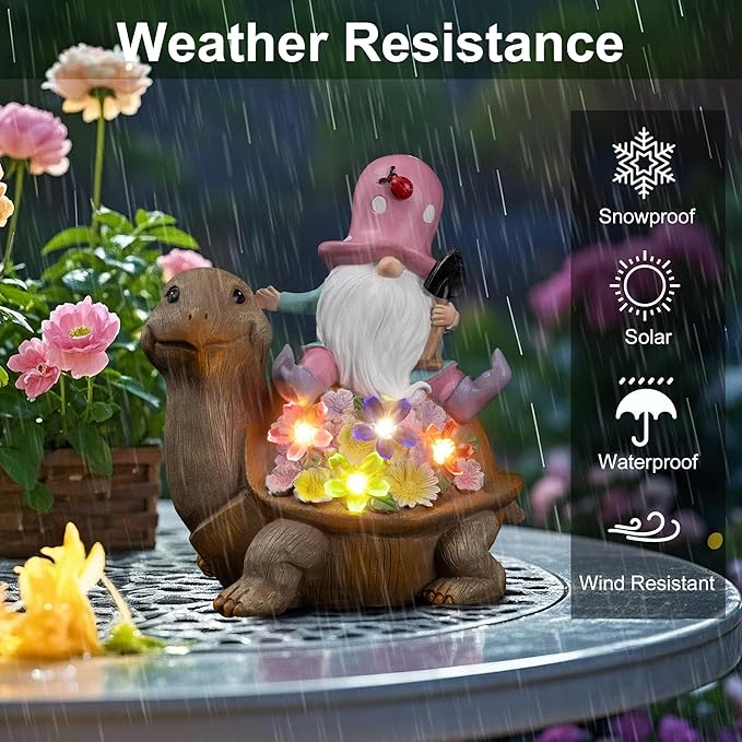 Solar Garden Outdoor Statue Turtle Gnome with Succulent and LED Light - Patio,Lawn,Garden,Tortoise Statue for Patio,Unique Housewarming Gifts