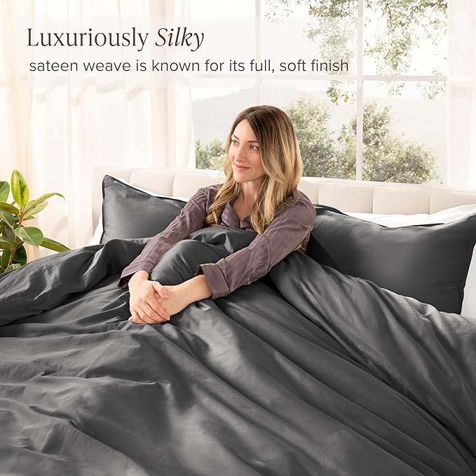 Bare Home 100% Organic Cotton Sateen Duvet Cover Set - 400 Thread Count - Smooth Sateen Weave - Warm & Luxurious - Duvet Cover (King/Cal King, Grey)