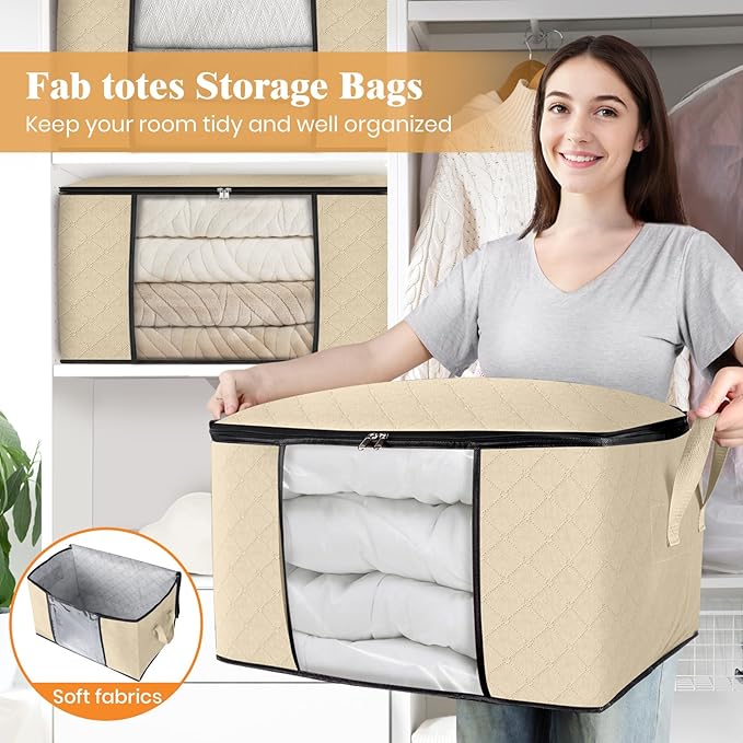 Fab totes 3 Pack Clothes Storage, Foldable Thick Fabric Blanket Storage Bags, Containers for Organizing Bedroom, Closet, Clothing, Comforter,Organization with Handle,Beige
