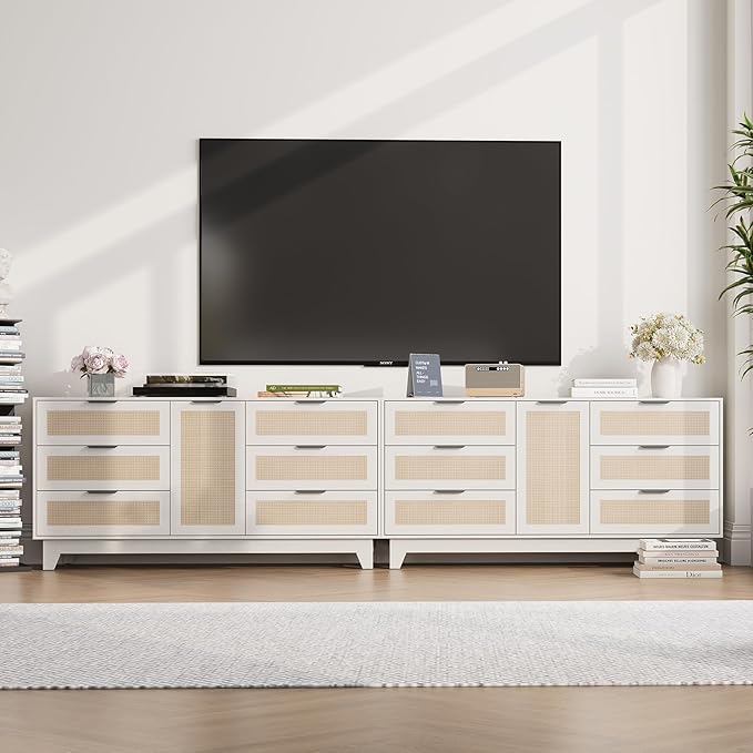 White Rattan Dresser,6 Drawers Dresser for Bedroom,55 "L Large Storage,Boho Farmhouse Style,TV Stand,Hallway,Entryway