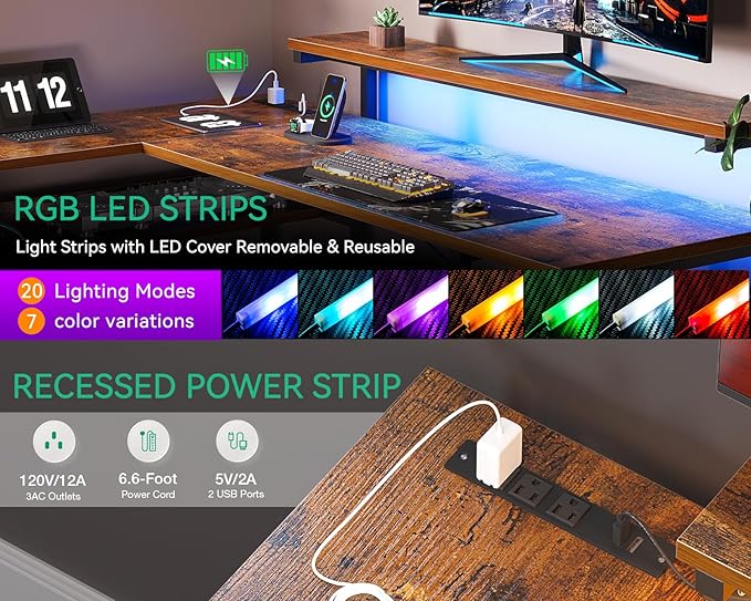 AODK 69" L Shaped Desk with Drawer, Computer Desk with Power Outlets & LED Lights, Reversible Corner Gaming Desks for Home Office Workstation, Office Table with Monitor Shelf, Vintage