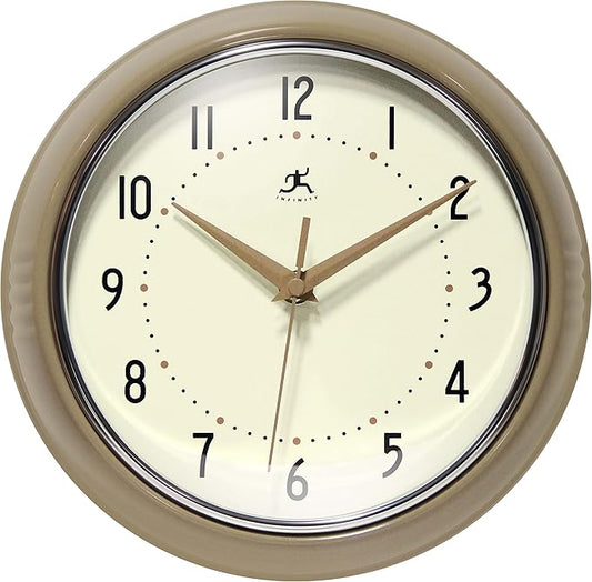 Infinity Instruments LTD. Retro 9 inch Silent Sweep Non-Ticking Mid Century Modern Kitchen Diner Wall Clock Quartz Movement Retro Wall Clock Decorative (Latte)…