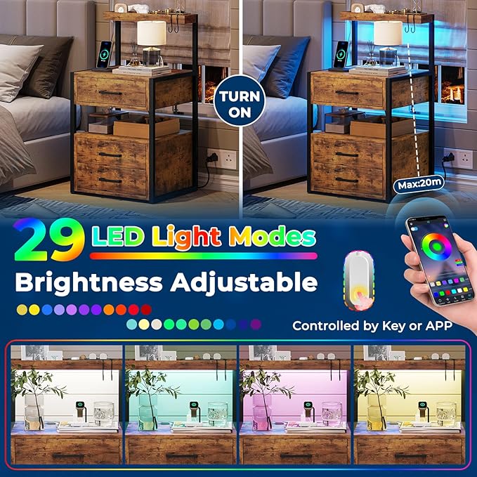 AOGLLATI Nightstand Set of 2 with Charging Station and LED Lights, Bedside Table with 3 Drawers and Open Storage Shelves, 2 USB Ports and 2 AC Outlets, LED Night Stand for Bedroom, Rustic Brown