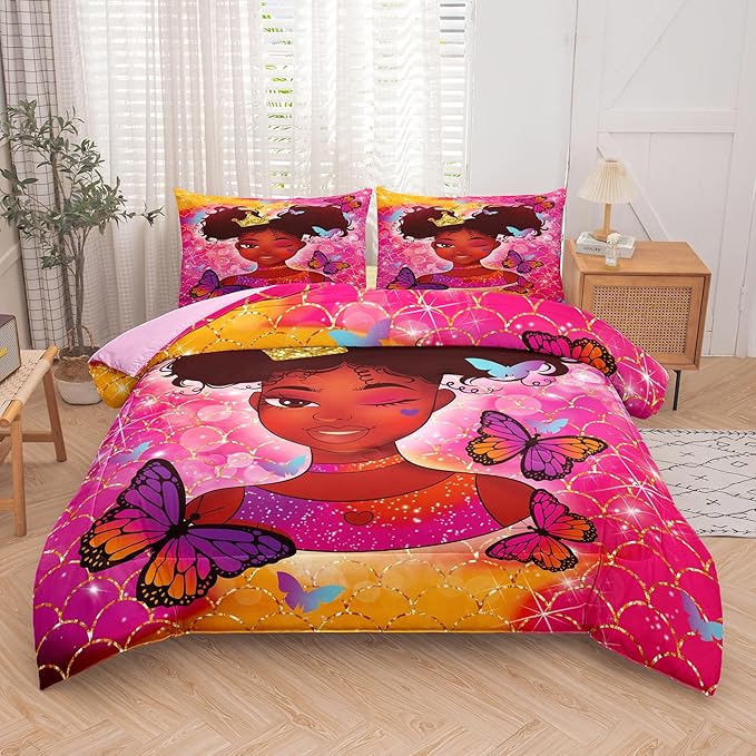 Tailor Shop Kawaii African American Black Girl Comforter Set Pink and Red Bedding Sets for Girls Kids Cute Magic Black Girl Bedding Set Mermaid Butterfly Comforter Queen Size with 2 Pillowcase…
