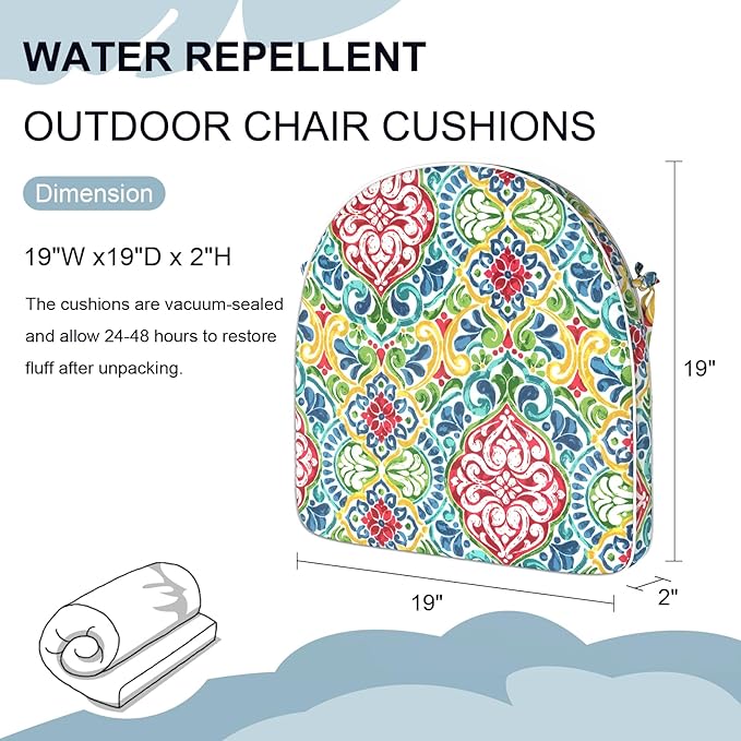 Set of 2 Outdoor Chair Cushions 19"x19"x2",Water Repellent Dining Seat Cushion with Ties and Removable Covers, Chair Cushions for Indoor and Patio Furniture, Damask Red