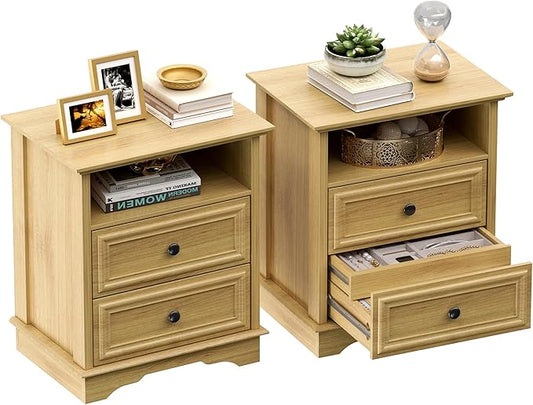 XIAO WEI Nightstand with Hidden Drawer Set of 2, 2-Drawer Nightstand with Open Shelf – Sturdy Wood Bedroom End Table for Storage, Modern Furniture for Bedroom Organization,Natural Wood