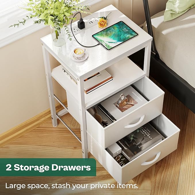Huuger Nightstand with Charging Station, Side Table with Fabric Drawers, End Table with Open Shelf, Bedside Table with USB Ports and Outlets, Night Stand for Bedroom, White