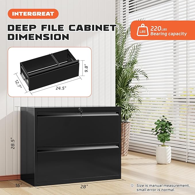 Bonusall Lateral File Cabinet 2 Drawer, Metal Lateral Filing Cabinet with Lock, Locking Horizontal Drawers File Cabinets for Legal/Letter / A4 / F4 Size for Home Office, Steel, Heavy Duty, Black