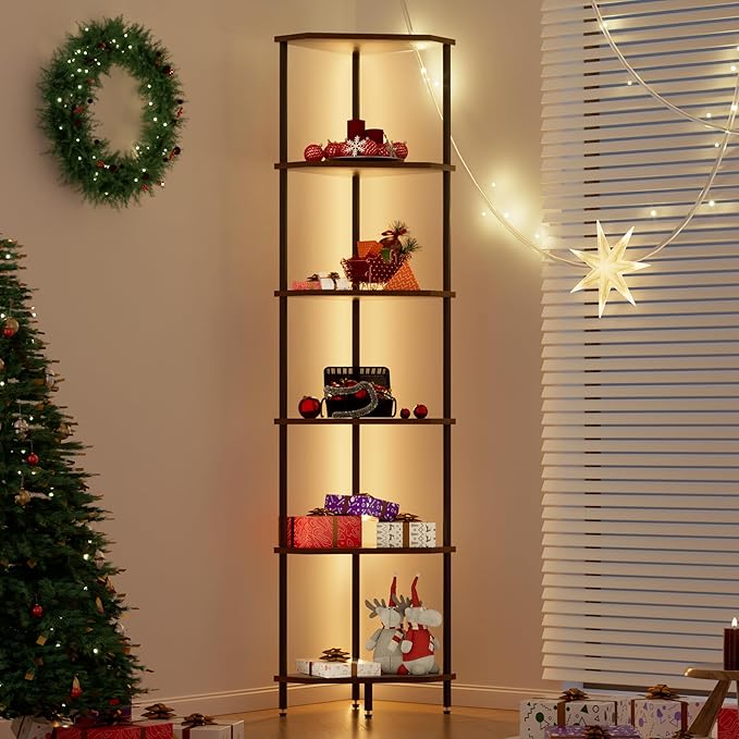 6 Tier Corner Shelf with LED Light,Tall Standing Shelf Organizer,Narrow Bookshelf,The Classic Combination of Rustic Brown and Black Standing Bookcase,Suitable for Bedroom,Living Room,Kitchen