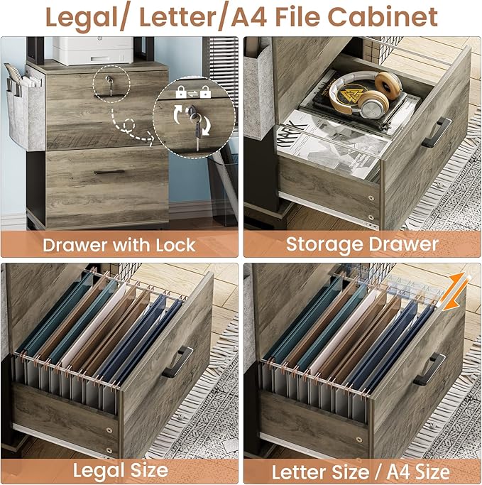 Itaar 2 Drawer File Cabinet with Lock, Filing Cabinet fits Letter, Legal, A4 Size, Hanging File Folders, File Cabinets for Home Office with Adjustable Storage Shelf and Hook, Grey