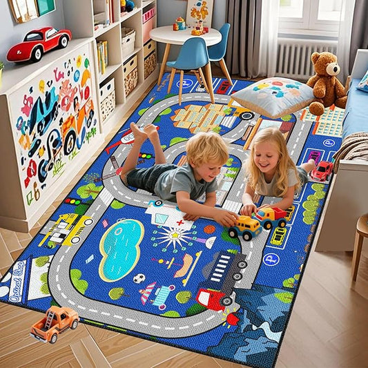 Car Track Rug - Car Rugs for Kids Toy Cars City Life Road Rug Large Kids Play Mat for Boys Girls Playroom Living Room Bedroom Classroom, 5'×7'