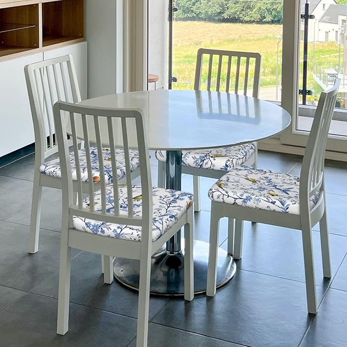 Seat Covers for Dining Room Chairsset of Set of 6, Floral Navy Blue Bird White Spring Flower Stretch Chair Seat Covers Cushion Slipcovers for Kitchen Office